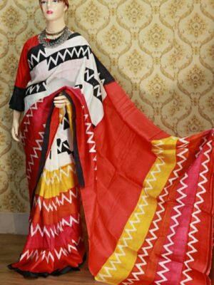 Red & White Silk Block Saree