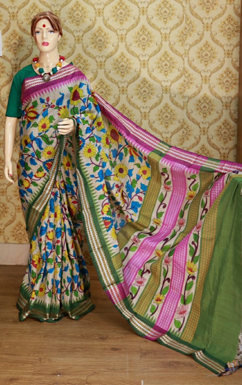 Buy Hand Kalamkari Over Pure Tussar Silk Saree With Jari Border for Party  Wear Saree Online in India - Etsy