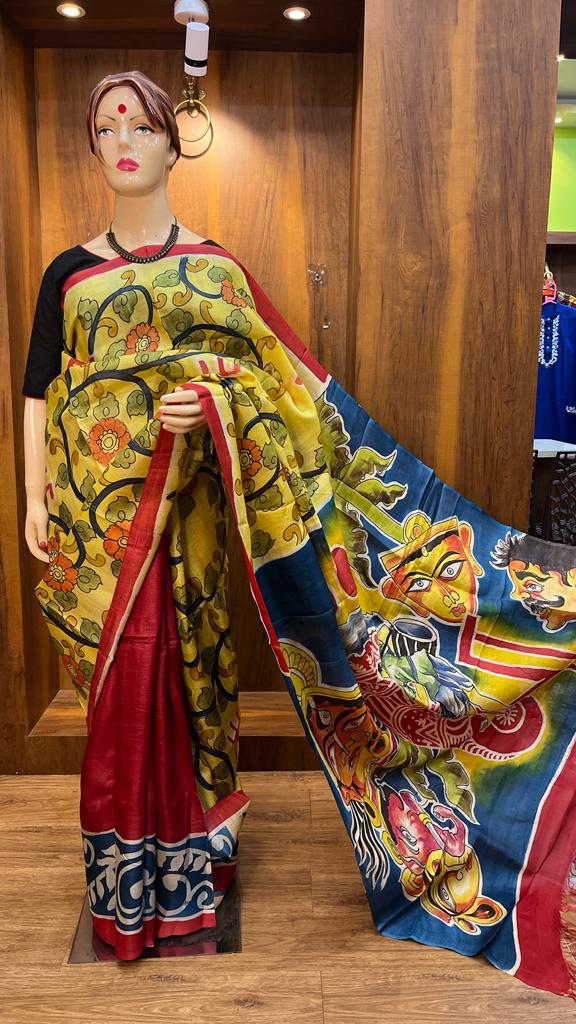 Yellow and Red Paithani Silk Saree with Pen Kalamkari - Desically Ethnic